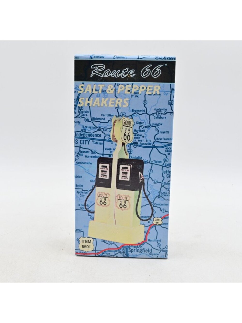 Route 66 Salt & Pepper Shakers Light Up Gas Pump Item 6601 Vintage New In Box